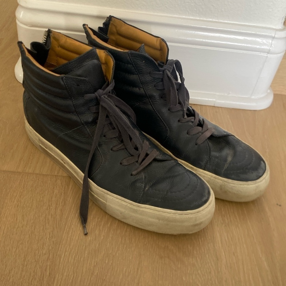 Auth BUSCEMI navy blue Leather Back Zip Lace Up Hi Top Fashion Sneakers Size 44